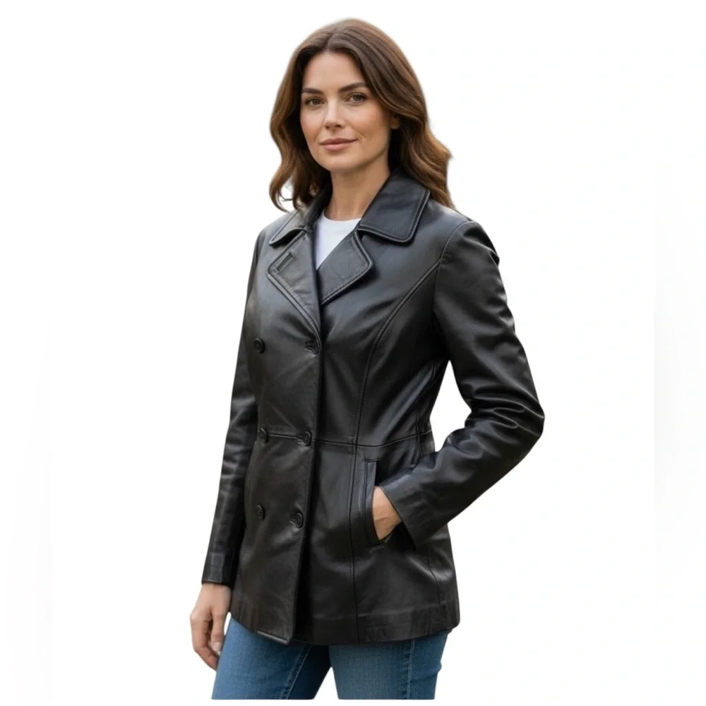 Mantique Black Double-Breasted Leather Jacket, quilted lining, pockets Sz Med 🇨🇦 - Picture 2 of 10